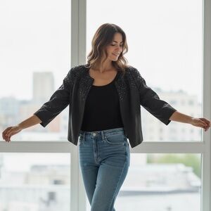 LK Bennett London beaded Black silk Sequin Embellished cropped Jacket US size 8